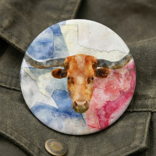 Texas Longhorn Koe en Vlag Aquarelprint Kunst Ronde Button 6,0 Cm