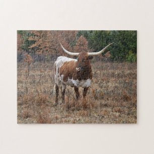 Texas Longhorn Koe in Herfst Meadow Boerderij Styl Legpuzzel