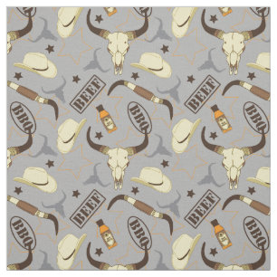 Texas Longhorn Skulls and Stetsons BBQ Patroon Stof