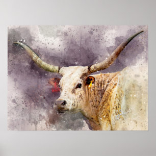 Texas Longhorn Waterverf Fine Art Fotografie Poster
