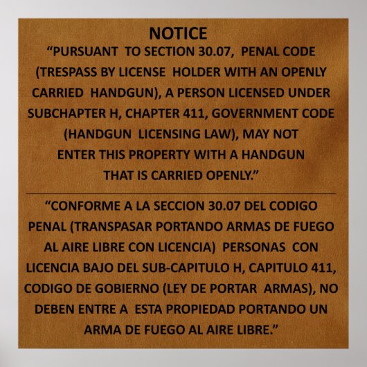 Texas Pistool Law - Adobe - Open Carry Poster (Voorkant)