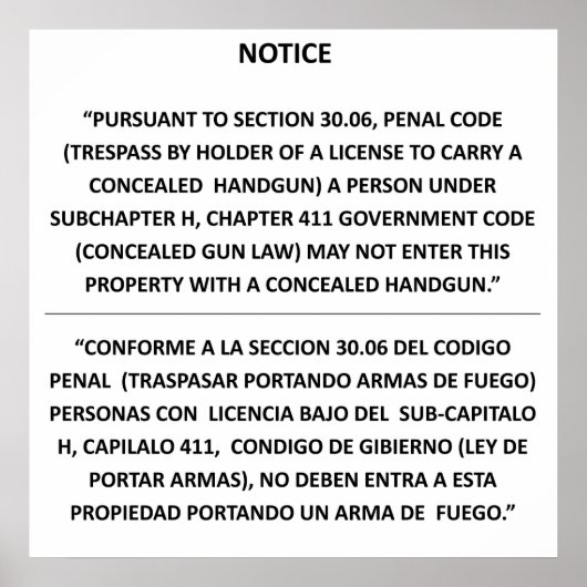 Texas Pistool Law - Basic White - Verzegelde carry Poster (Voorkant)