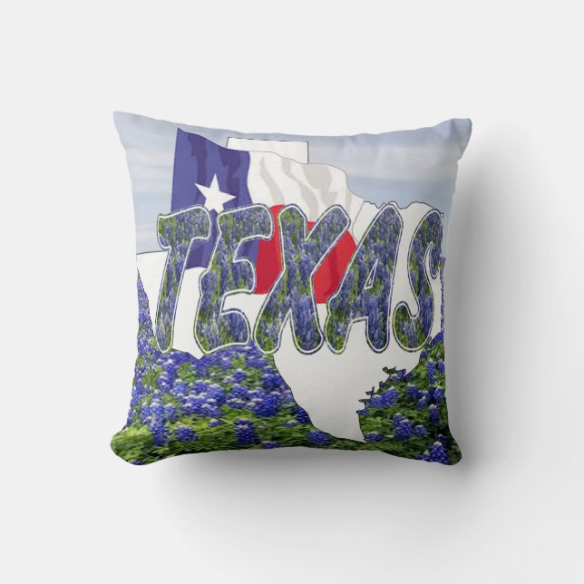 Texas Shape Texas Flag en Bluebonnets Kussen (Voorkant)