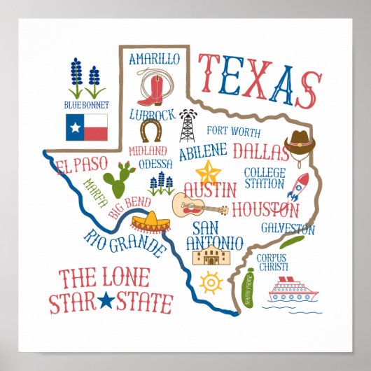 Texas State Landmarks Illustration Poster (Voorkant)