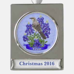 Texas State Mockingbird & Bluebonnet Flower Verzilverd Banner Ornament