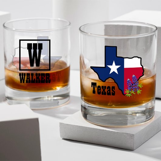 Texas Vlag & Bloem Bluebonnet met Aangepaste Naam Whisky Glas
