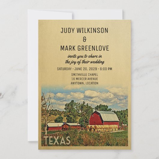 Texas Wedding Invitation Boerderij Barn Rustic Kaart (Voorkant)