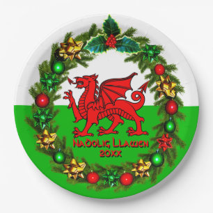 Text Year Welsh Flag Red Dragon, Kerstmis 9" bewer Papieren Bordje