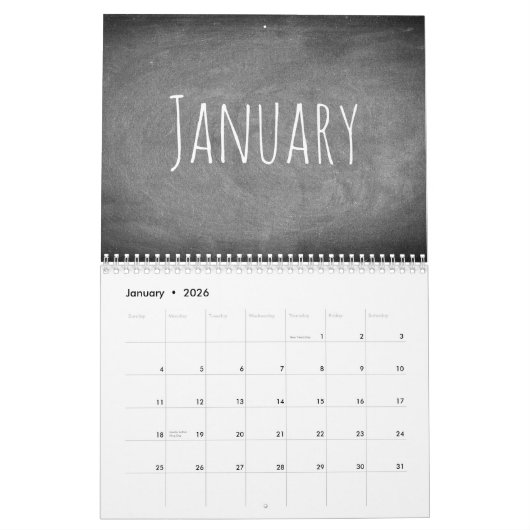 Texte 2018 noir et blanc de calendrier de tableau (Jan 2026)