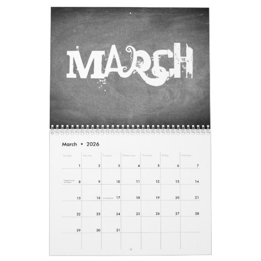 Texte 2019 noir et blanc de calendrier de tableau (Mar 2026)