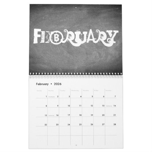 Texte 2019 noir et blanc de calendrier de tableau (Feb 2026)