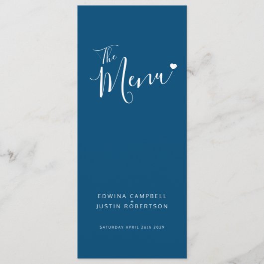 Texte bleu moderne blanc coeur simple menu mariage (Devant)