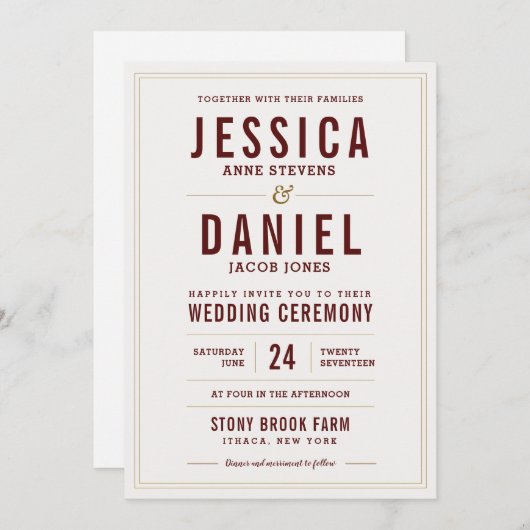 Texte rustique simple de rouge foncé de faire-part (Devant / Derrière)