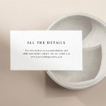 Texte simple et élégant | Détails du Mariage<br><div class="desc">Ces cartes de détail minimalistes et élégantes sont dotées d'un texte noir moderne sur un arrière - plan blanc propre,  pour un look simple et élégant. Entrez simplement les détails concernant l'hébergement à l'hôtel,  l'itinéraire de la route et d'autres informations importantes pour vos invités.</div>