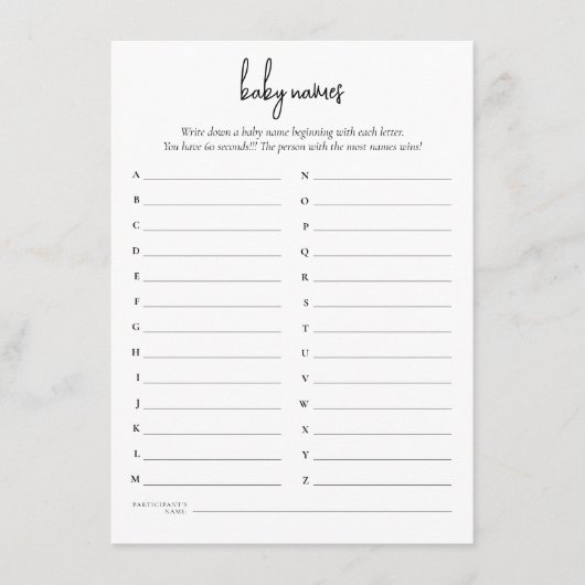 Texte simple Noms de bébé Carte de jeu de douche (Devant)