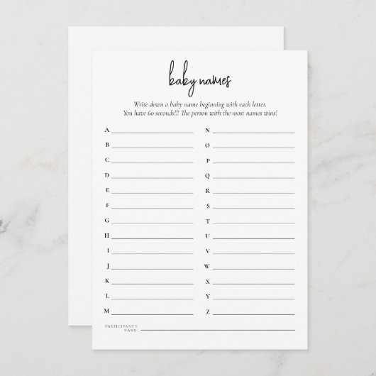 Texte simple Noms de bébé Carte de jeu de douche (Devant / Derrière)