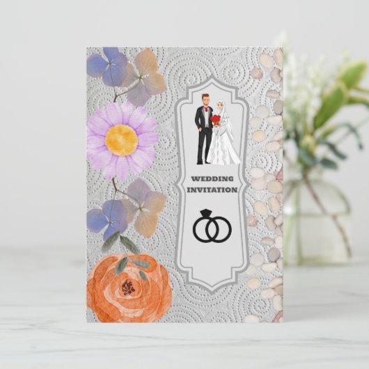 Texture grise Floral Faire-part de mariage islamiq (Debout devant)