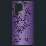Texture métallique violette et dentelle florale<br><div class="desc">Dentelle fleurie violette sur l'image d'un arrière - plan de peinture métallique violet.</div>