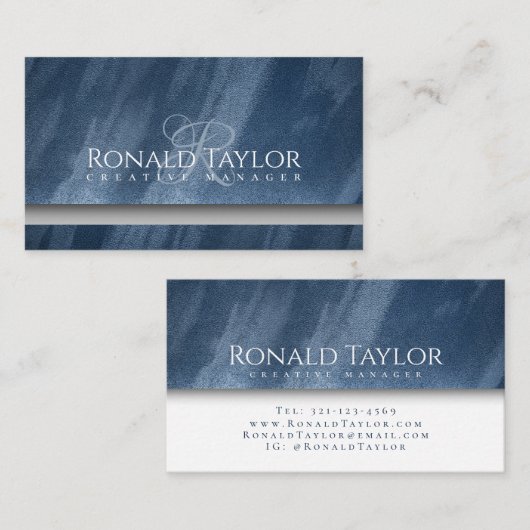 Texture velours bleu moderne Monogramme Carte de v (Devant / Derrière)