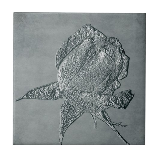Textured Silver Rosebud Floral Art Tile Tegeltje (Voorkant)