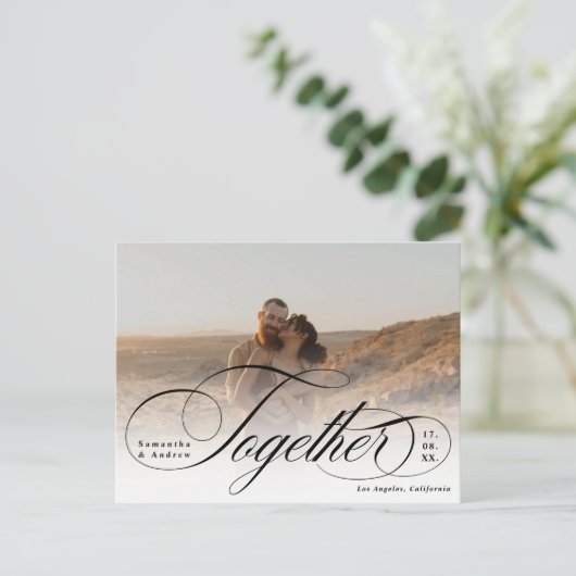 Tezamen script elegante 2 foto's slaan de datum op briefkaart (Staand voorkant)