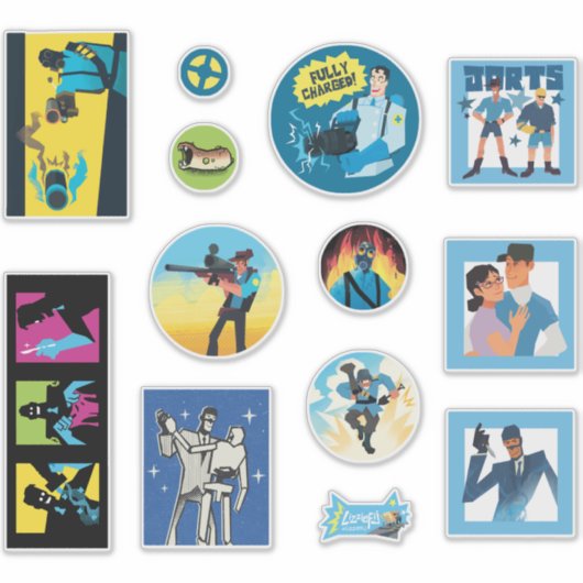TF2 Blu team mercenaries 12 sticker set (Devant)