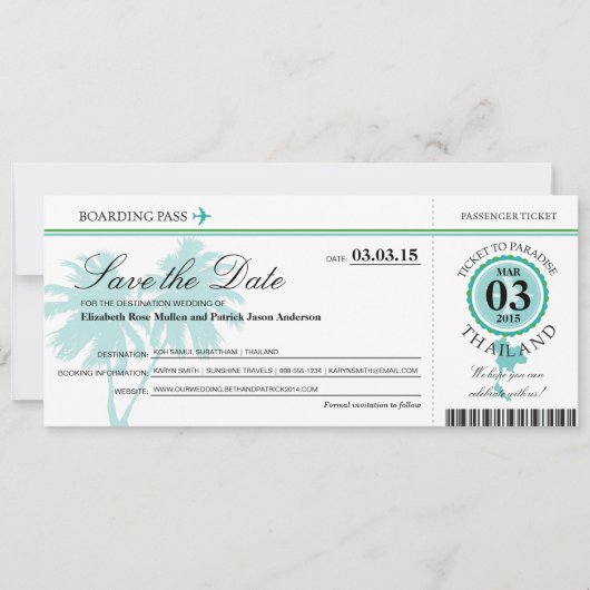 Thailand boarding Pass Save the Date (Voorkant)