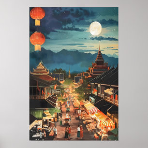 Thaise Nachtmarkt Kunstprint Maanverlichte Straat  Poster