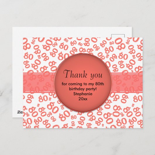Thank You: 80th Coral/White Number Pattern Briefkaart (Voorkant / Achterkant)