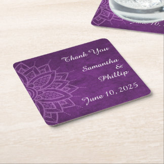 Thank you coaster wedding favor purple vierkante kartonnen onderzetter