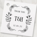 Thank You! Custom Art Deco Botanical Wedding<br><div class="desc">Add a sophisticated touch to your wedding favors with these customizable tags. Each tag features an Art Deco-inspired frame with charming botanical details, providing an elegant backdrop for your personalized monogram initials and the wedding date. Perfect for tying onto gifts, treat bags, or guest giveaways, these tags serve as a...</div>
