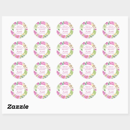 Thank You Floral Pink Peonies Lemons Quinceañera Ronde Sticker (Vel)