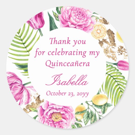 Thank You Floral Pink Peonies Lemons Quinceañera Ronde Sticker (Voorkant)