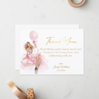 thank you happy birthday gold script pink dress  notitiekaartje