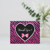 Thank You Pink Black Glam Zebra Faux Glitz Heart Briefkaart (Staand voorkant)