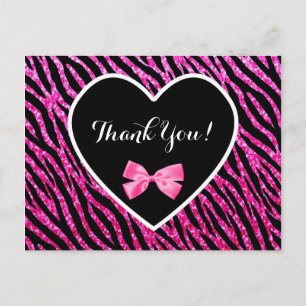 Thank You Pink Black Glam Zebra Faux Glitz Heart Briefkaart