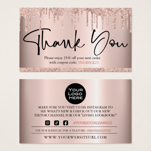 Thank You Scipt Rose Gold Customer Discount Card (Devant & derrière)