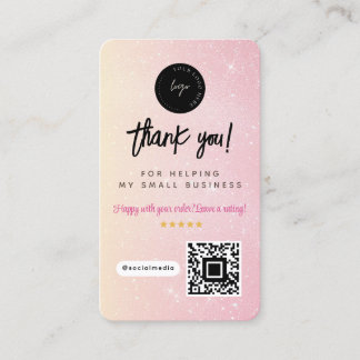 Thank You Social Media QR Code & Logo Pink Glitter Visitekaartje