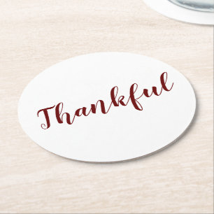 Thankful burgundy maroon white script Thanksgiving Ronde Kartonnen Onderzetter