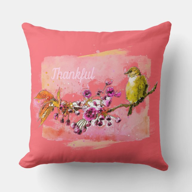 Thankful Cherry Blossom en Finch Pillow Kussen (Voorkant)