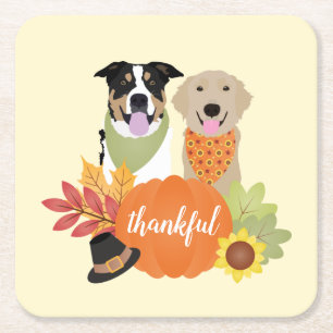 Thankful Dogs Thanksgiving Harvest Pumpkins Vierkante Kartonnen Onderzetter