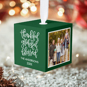 Thankful Grateful Blessed 3 Foto Collage Green Kubus Ornament