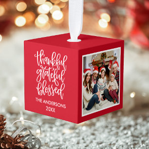 Thankful Grateful Blessed 3 Foto Collage Red Kubus Ornament