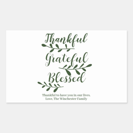 Thankful Grateful Blessed dark green modern script Rechthoekige Sticker (Voorkant)