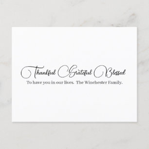Thankful Grateful Blessed script Thanksgiving Feestdagenkaart