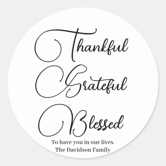 Thankful Grateful Blessed script Thanksgiving Ronde Sticker (Voorkant)