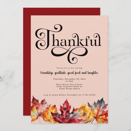 Thankful Script Waterverf laat Blush rood achter Kaart (Voorkant / Achterkant)