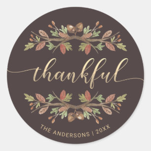 THANKFUL THANKSGIVING WATERVERF HERFST FOLIAGE RONDE STICKER