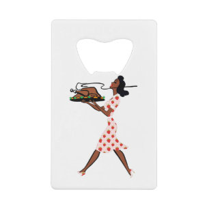Thanksgiving 1950 zwarte huisvrouw kredietkaart flessenopener