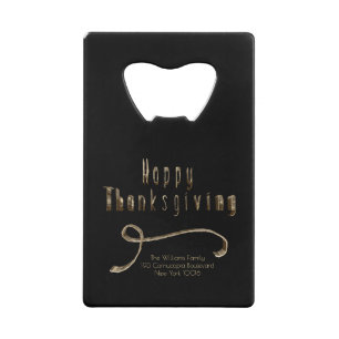 Thanksgiving Black Gold Elegant Script Typografie Kredietkaart Flessenopener